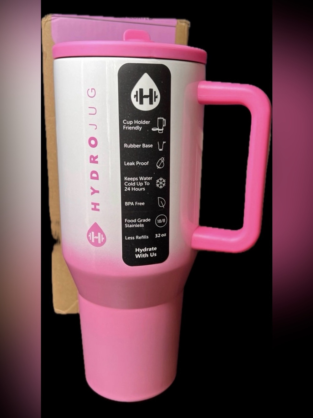 Hydrojug ombre tumbler 32 ounce NEW in box candy coated pink & white high gloss